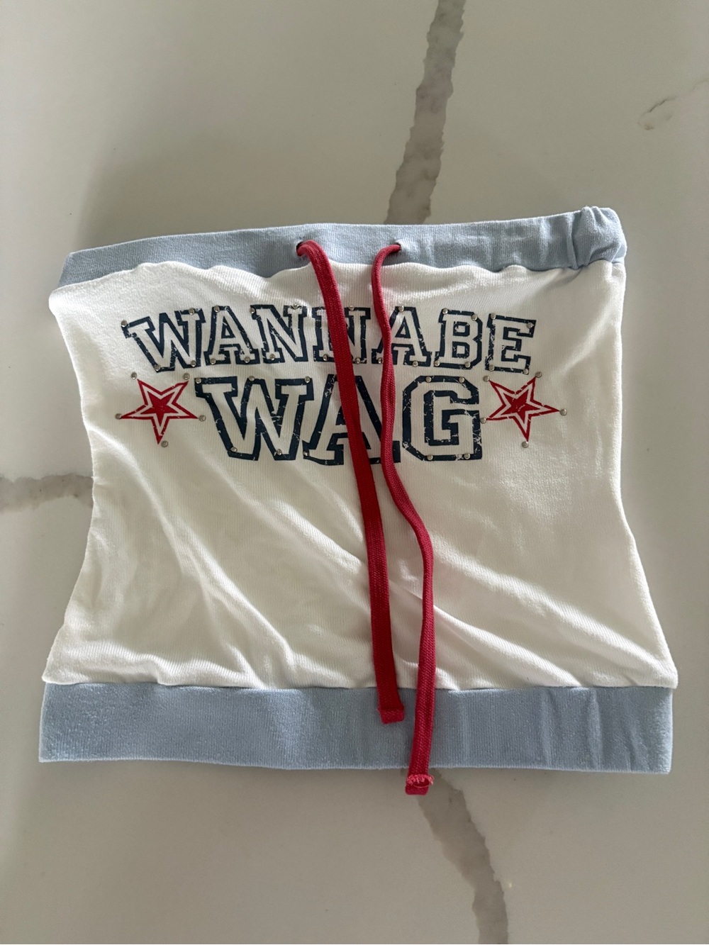 WANNABE WAG Graphic Tube Top - White with Light Blue Trim & Red Drawstring